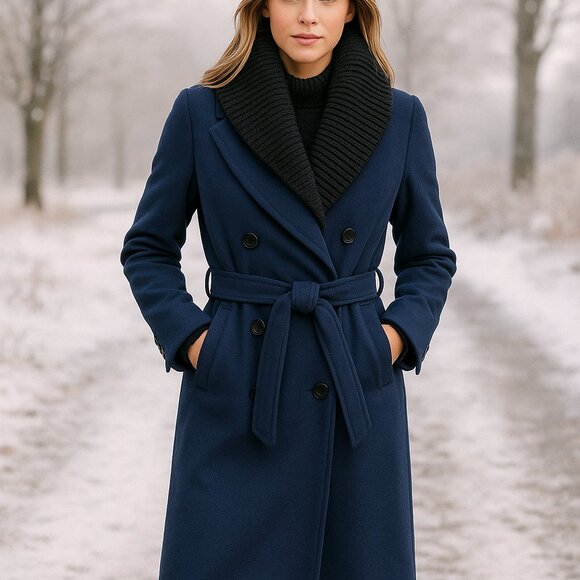 Soia & Kyo Anya Wool Blend Coat Knit Collar Blue Double Breasted Size S NWT - Picture 1 of 11